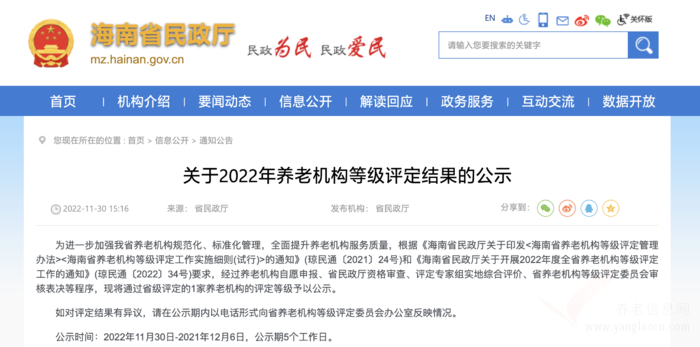 2022年度海南省养老机构等级评定结果一览表